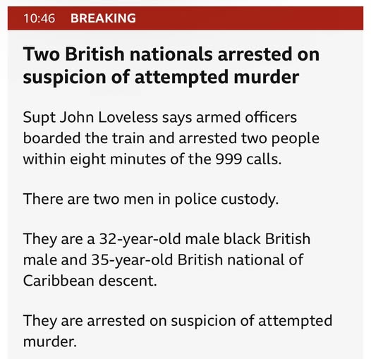 Police update on train stabbing in which 10 people were injured – two men have been arrested.