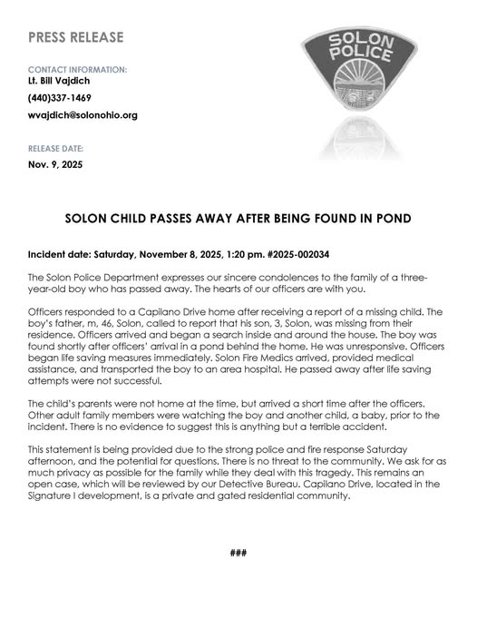 Heartbreaking Tragedy in Solon: 3-Year-Old Boy Drowns in Pond Behind Family Home