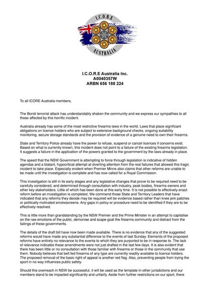 ICORE Australia Issues Statement Following Bondi Tragedy, Urges Member Advocacy on NSW Firearms Legislation